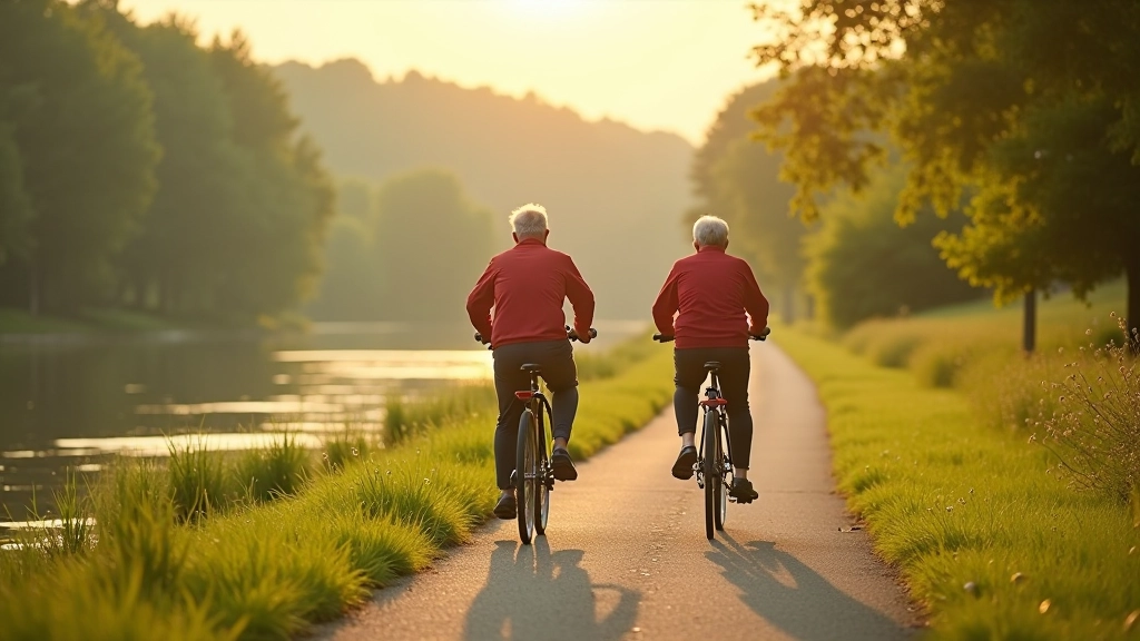 Senior cyclists riding along the Ohře river valley with green hills in background