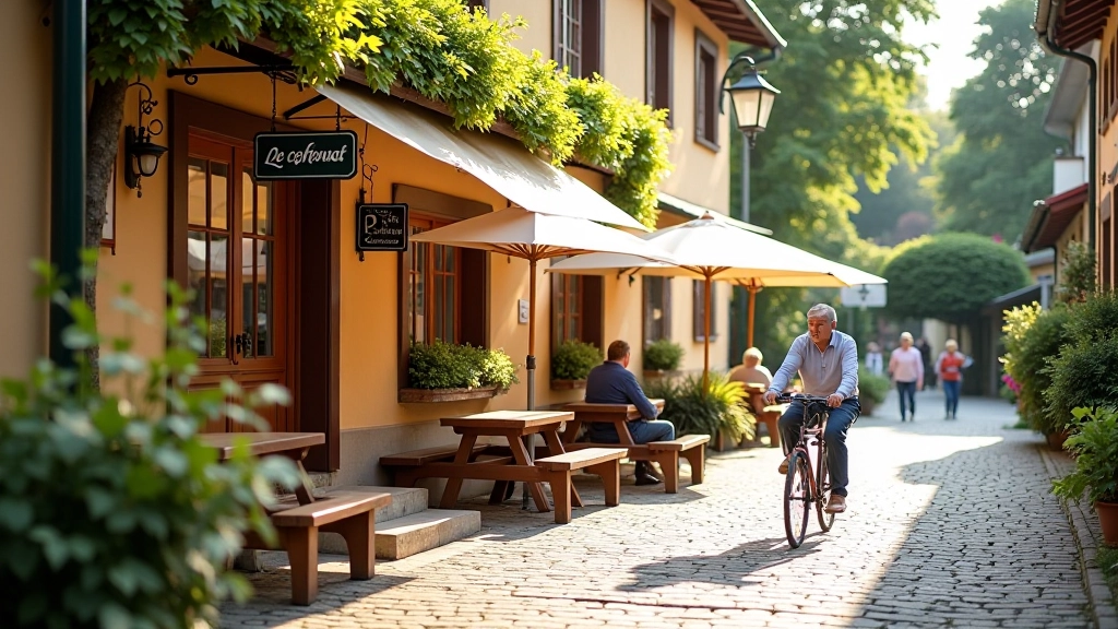 Small village café with outdoor seating, cyclists resting with bicycles nearby, traditional Czech architecture