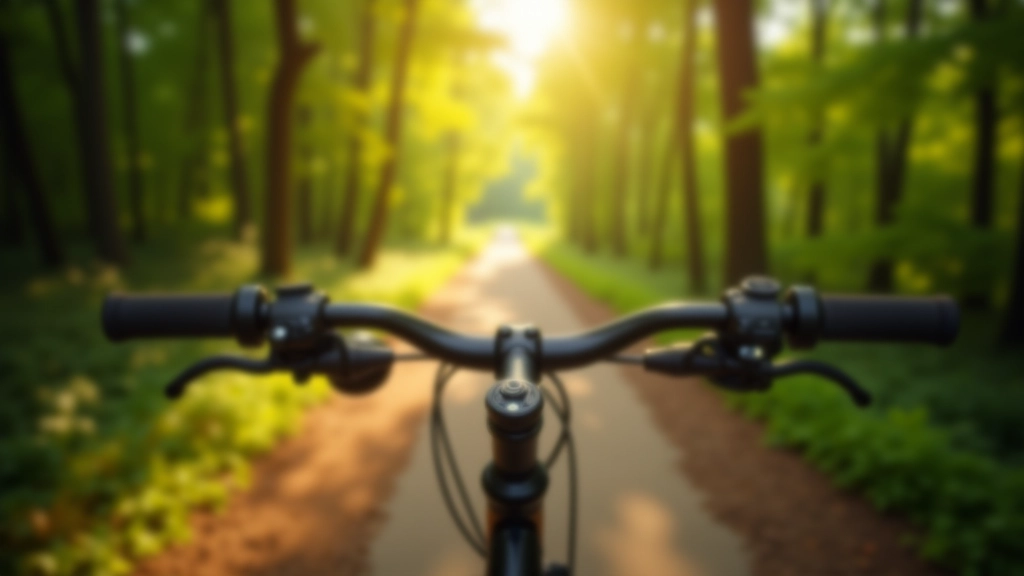 Close-up of bicycle handlebars on forest trail with tree canopy ahead