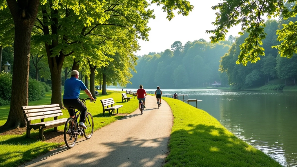 Riverside cycling trail with picnic area benches, peaceful water view, rest spots visible