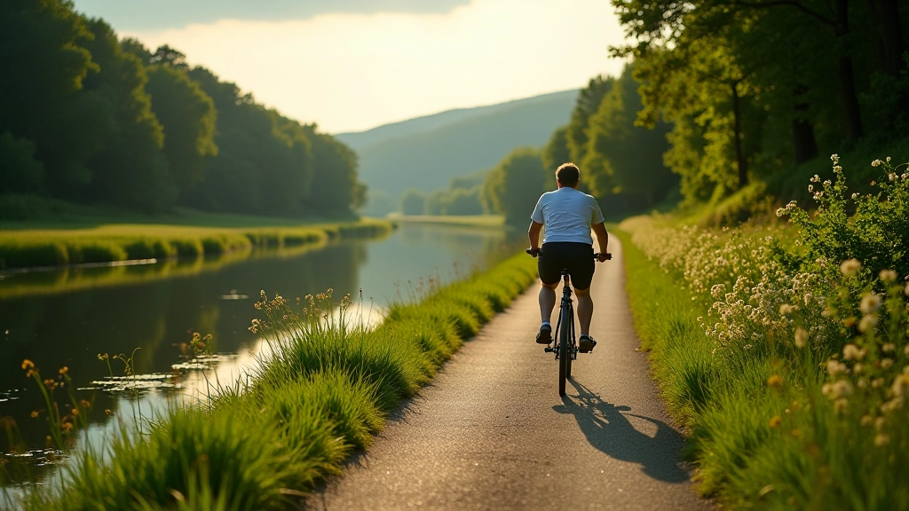 Scenic riverside cycling path with trees and water visible