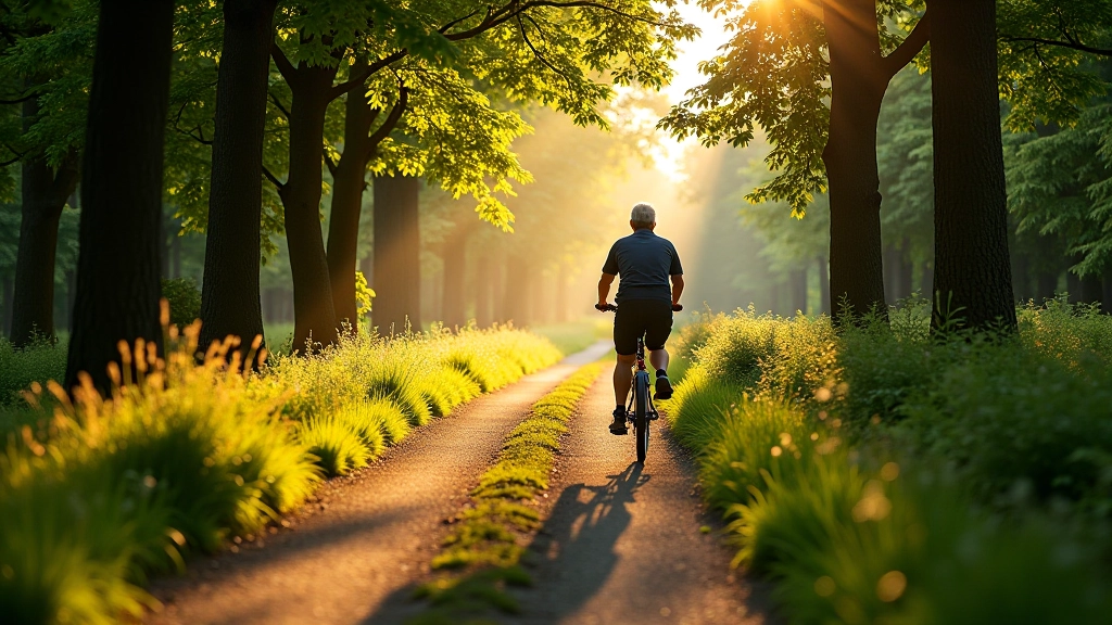 Scenic cycling path through mixed forest with dappled sunlight, peaceful countryside setting