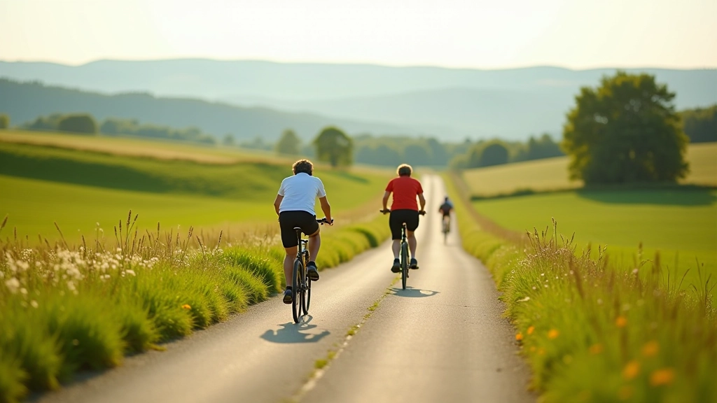 Cycling path through gently rolling terrain with green valleys