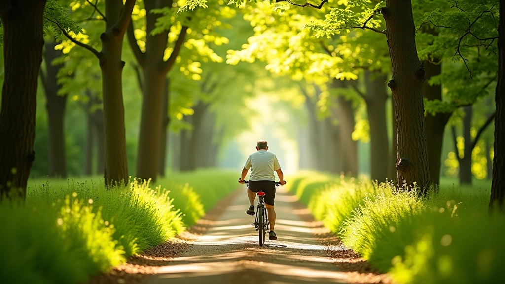 Peaceful forest cycling path with dappled sunlight through oak tree canopy, well-maintained track