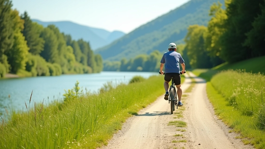 Scenic river valley cycling route with clear path markings and distant tree-covered hills