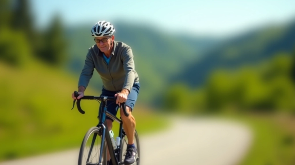 Cyclist riding on well-maintained paved cycling path with gentle rolling hills, green countryside