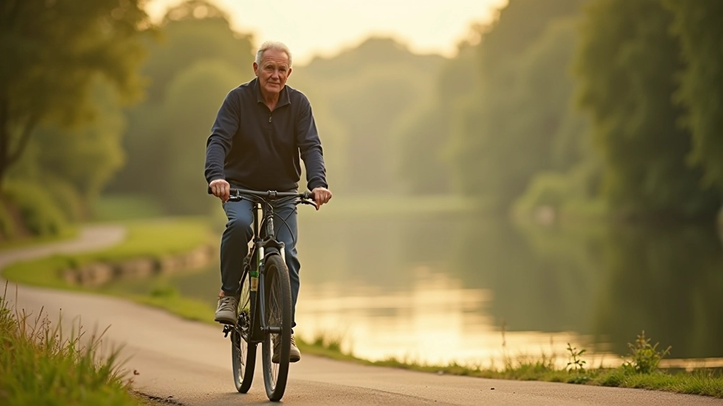 Cyclist riding on paved path alongside calm river with reeds and natural shoreline