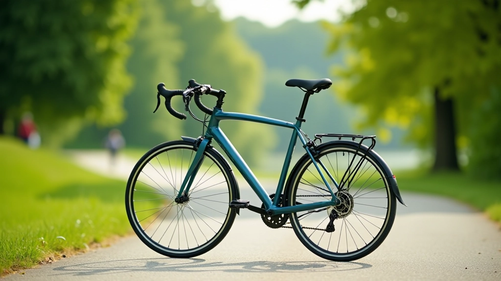 Close-up of hybrid bicycle on paved cycling path with river and green trees in soft focus background