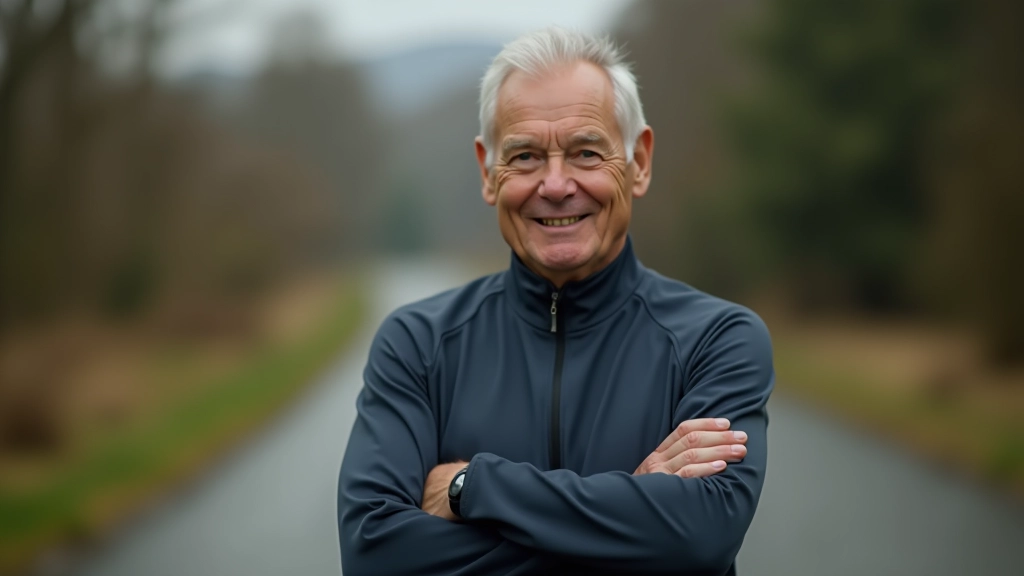 Portrait of cycling instructor, man in sports clothing with arms crossed, professional demeanor, outdoor setting