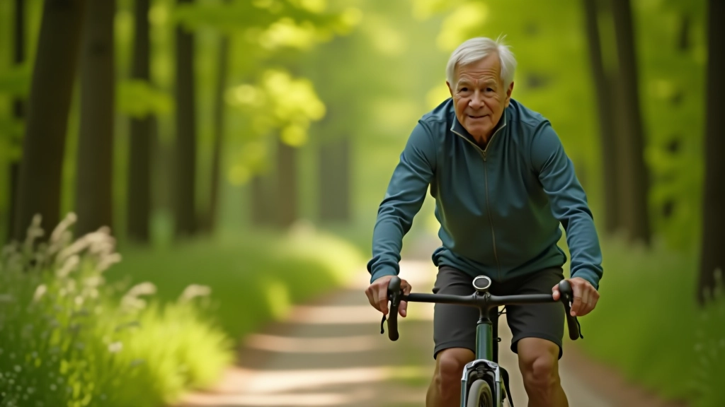 Older cyclist taking break on forest path with water bottle, peaceful woodland backdrop