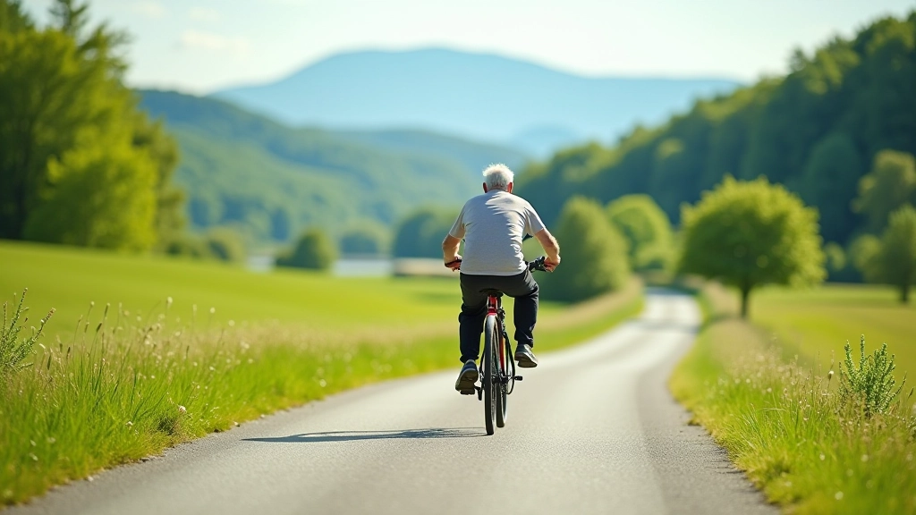 Cyclist riding on a flat paved path alongside a river valley with trees and green meadows