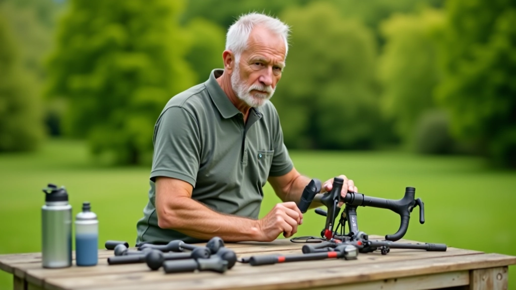Cyclist preparing bicycle with tools and water bottle on wooden table outdoors, maintenance