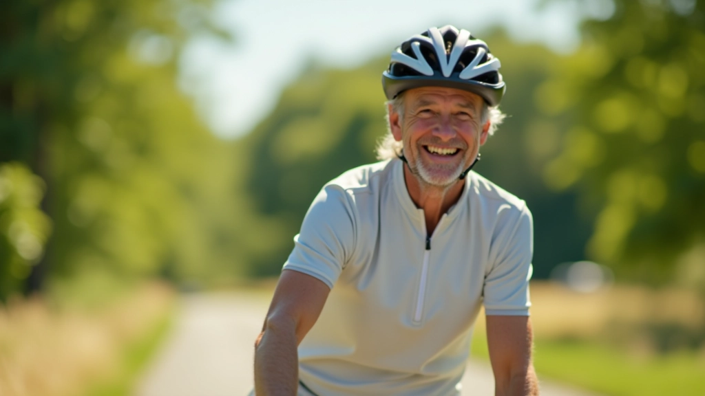 Close-up of an older cyclist wearing safety glasses on a sunny day