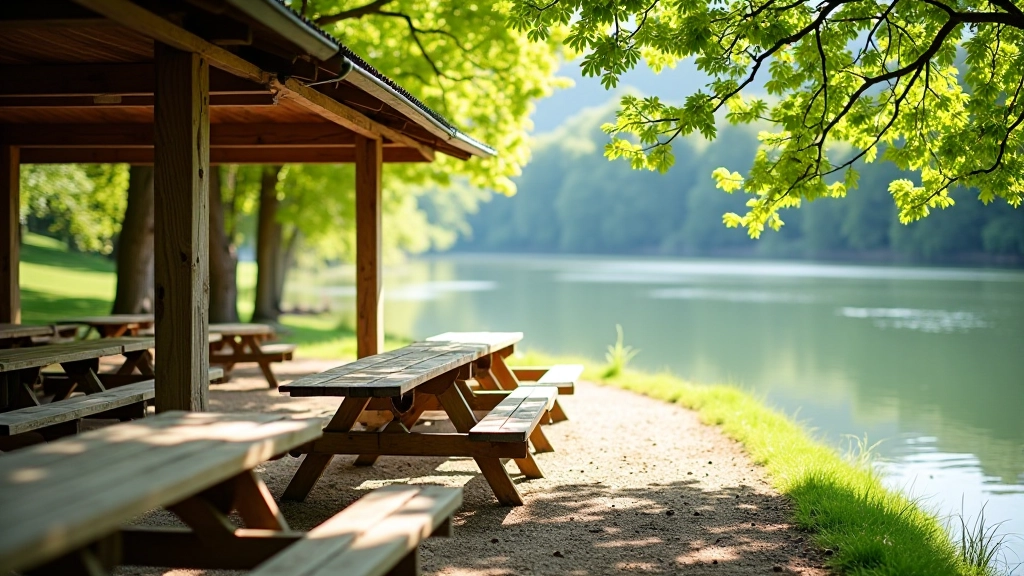 Wooden benches along riverside cycling path with shade from trees and peaceful water view