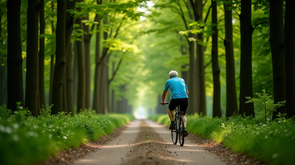 Peaceful cycling path through oak and beech forest with dappled sunlight and minimal traffic