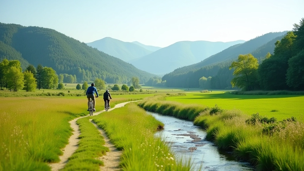 Scenic view of Ohře River valley with cycling path winding through meadow and forest