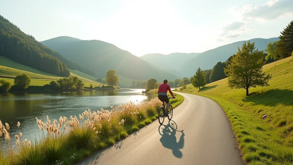 Scenic riverside cycling path through the Ohře valley with gentle rolling hills and peaceful landscape