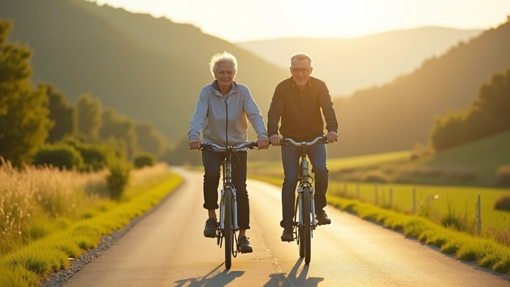 Senior couple enjoying a gentle cycling ride through a scenic valley with river landscape