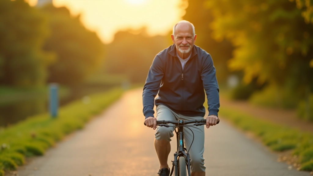 Senior cyclist riding on a scenic riverside path with green trees and clear blue sky