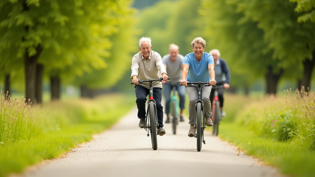 Group of senior cyclists riding together on a wide path