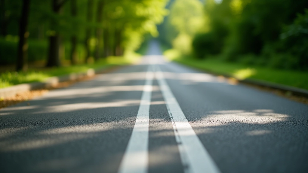 Close-up of smooth asphalt cycling path with clear lane markings and tree shadows