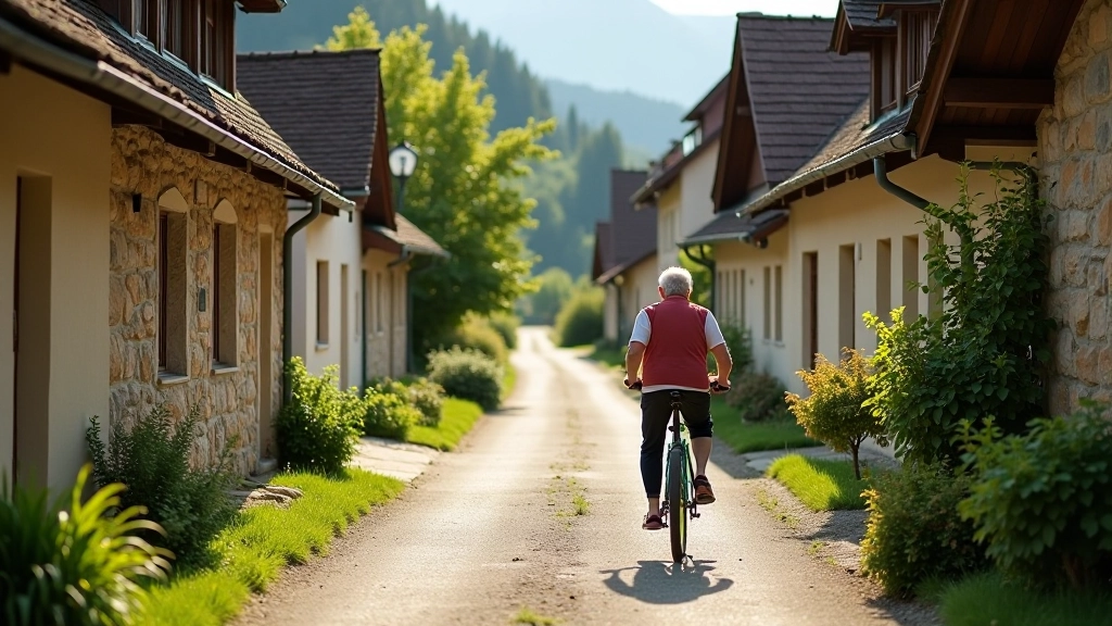 Traditional Czech village houses with cycling path running through, peaceful small-town atmosphere