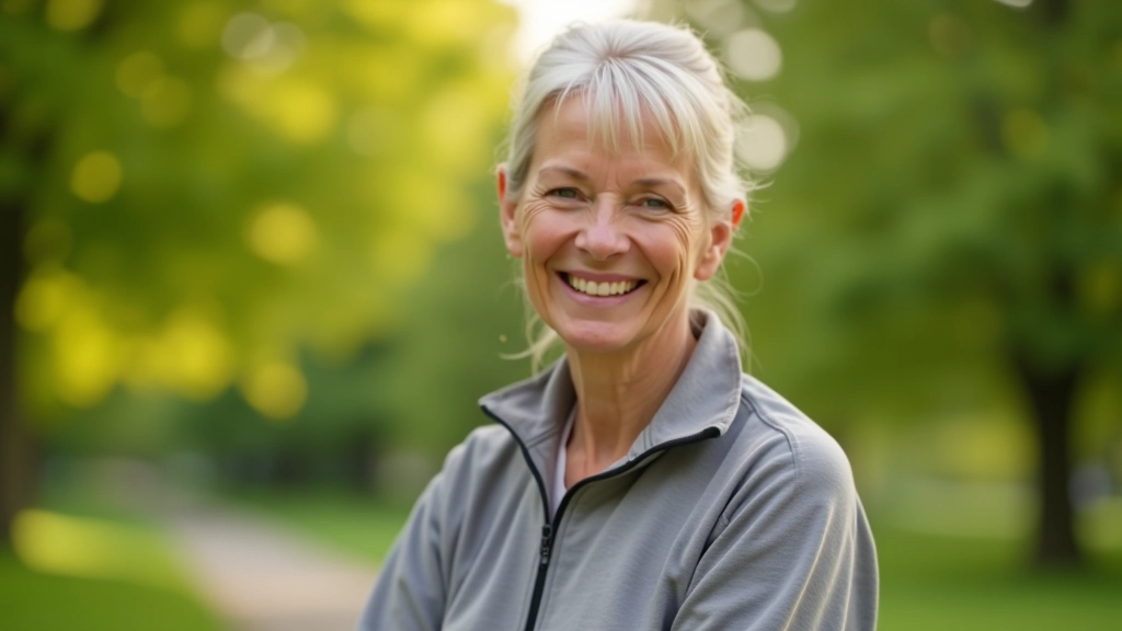 Portrait of community coordinator, woman in casual athletic clothing, friendly expression, outdoor background